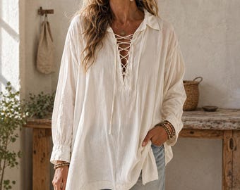 WEWOREWHAT Tunika z koronką, kremowa, w stylu boho, oversize, z długim rękawem, z mieszanki bawełny