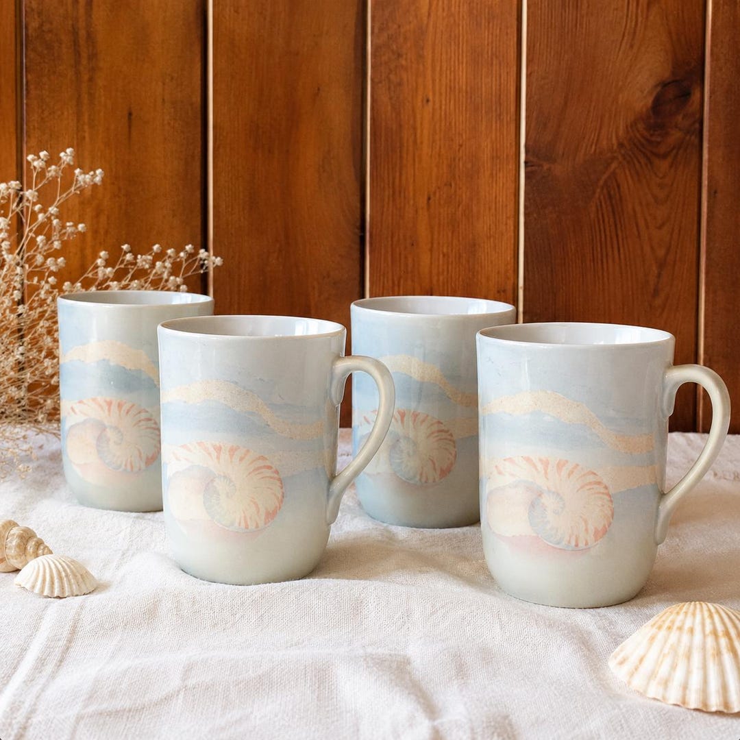 Vintage Otagiri Nautilus Seashell Mugs – Set of 4 Coastal Coffee