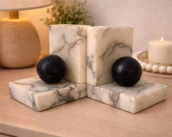 Vintage Italian Marble Bookends with Black Spheres – Mid-Century Modern Shelf Decor