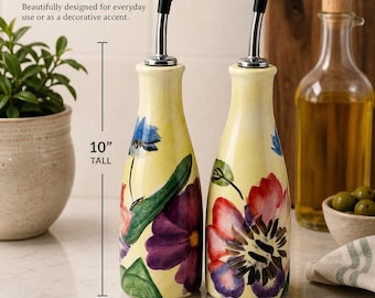 Pfaltzgraff Flower Market Oil & Vinegar Cruet Set Hand Painted Floral Ceramic Bottles 10 Inch Kitchen Decor
