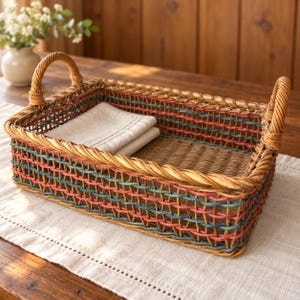 May include: A rectangular woven wicker basket featuring two arched handles and a decorative pattern of interwoven teal and coral-colored strands. Inside the basket lies a folded, light beige linen napkin with a subtle hemstitch detail.