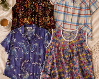 Koszule ogrodnicze Vintage Anthony'ego Richardsa • Bluzki Cottagecore w kratę z kwiatowym wzorem patchworkowym i motylami