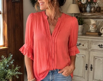 Camicetta da donna Maison d’Amélie Paris color corallo con maniche a volant, taglia S, modello plissettato stile boho