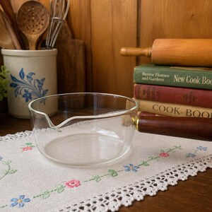 Könnte beinhalten: Ein klarer Glas-Stieltopf mit einem einzelnen dunkelbraunen Holzgriff und einem kleinen Ausgießer am Rand. Der Topf ist kreisförmig mit einem glatten, transparenten Körper und einem goldfarbenen Verbindungsstück zwischen Glas und Holzgriff.