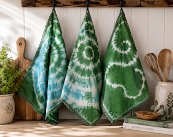 Vintage Boho Tie-Dye Tea Towels Set of 3 | Green & Blue Cotton Linen Kitchen Towels | Farmhouse Cottagecore Decor | Handmade Look Lace Trim