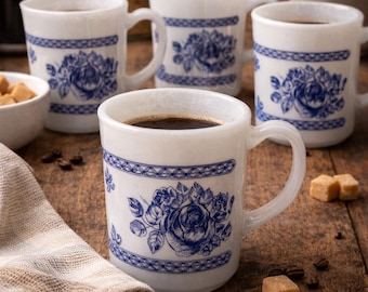 Arcopal France Milk Glass Mug Blue Floral Vintage Coffee Cup French Kitchen