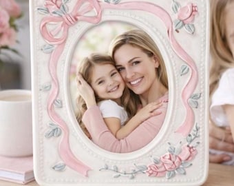 Vintage Ceramic Oval Picture Frame: Pink Ribbon Roses, Shabby Chic Decor (Fits 5x3 Photo)