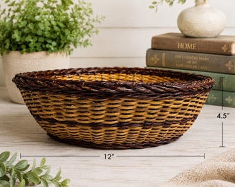 Vintage Handwoven Wicker Basket: Two-Tone Round Farmhouse Decor (12" x 4.5")