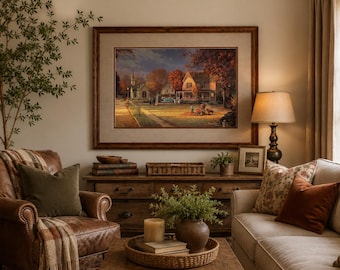 Stampa artistica incorniciata vintage di George Kovach "Street of Memories", grande 28,5x21,5 cm, decorazione murale in stile villaggio autunnale, rustico americano, cottagecore.