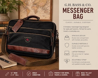 Vintage Style GH Bass Messenger Bag Canvas Leather Laptop Briefcase Work Bag 16x12