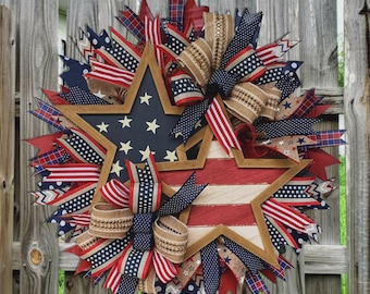 Corona de madera patriótica con forma de estrella, 250 aniversario de Estados Unidos, letrero para puerta del 4 de julio