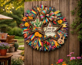 Mexican Fiesta Star Wreath, Cinco de Mayo Door Decor, Casa Decor Outdoor
