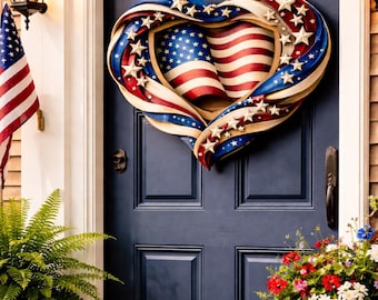 Patriotic Wood Wreath Heart, America 250th Anniversary, Gift 4th of July Door Sign