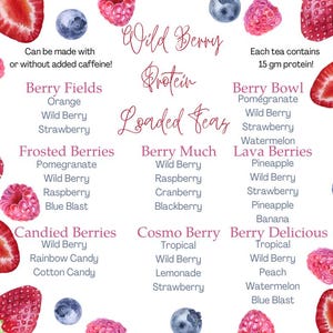 May include: A white background features watercolor illustrations of berries and text. The text lists various "Wild Berry Protein Loaded Teas" with ingredients like strawberry, raspberry, and pineapple. The image also states that each tea contains 15 grams of protein.