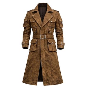 May include: A long brown trench coat with a distressed finish, featuring a wide lapel, shoulder epaulets, and four large flap pockets on the front. The coat includes a matching belt with a silver buckle, long sleeves with buckled cuffs, and metal D-rings.