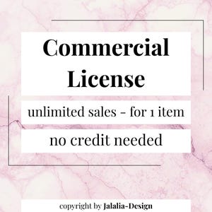 Puede incluir: Gráfico con las palabras "Commercial License" en texto negro grande. Debajo, indica "ventas ilimitadas - para 1 artículo" y "no se necesita crédito". El fondo es un patrón de mármol rosa.