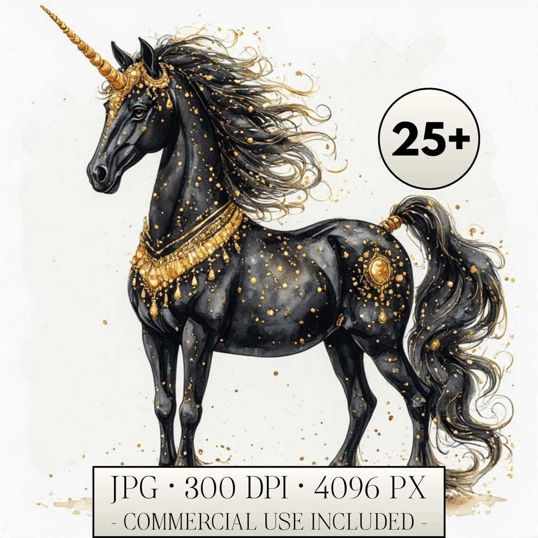 Black and Gold Unicorn Watercolor Clipart Bundle JPG - 25 Luxury ...