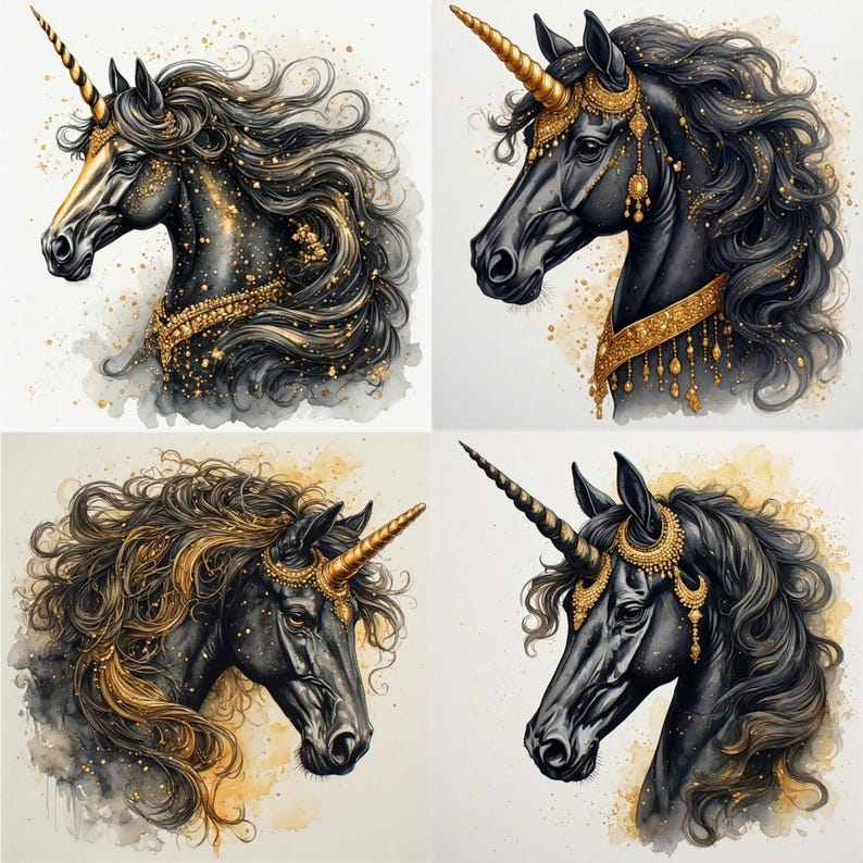 Black and Gold Unicorn Watercolor Clipart Bundle JPG - 26 Luxury ...