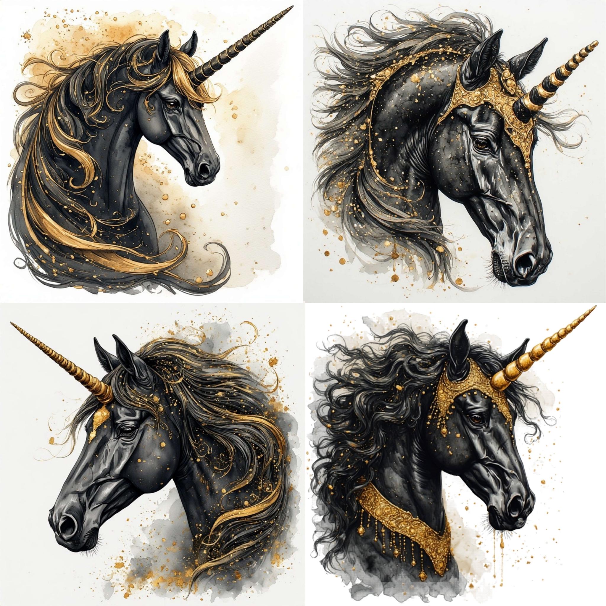 Black and Gold Unicorn Watercolor Clipart Bundle JPG - 26 Luxury ...