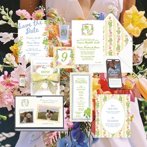 May include: A collection of wedding stationery, including invitations, RSVP cards, and a save-the-date announcement. Floral designs and the text "Save the Date" and "Kindly RSVP" are visible. A smartphone displays "Frequently Asked Questions."
