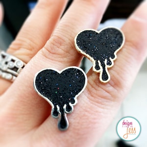 Black Heart - Black Glitter Bleeding Heart Enamel Pin - Dripping with Love Black Glitter Heart Pin - Gold or Silver Metal Black Heart Pin