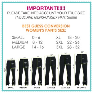 May include: A size chart for men's or unisex trousers, showing the conversion from men's sizes to women's sizes. The chart shows the men's size in inches and the corresponding women's size in a range. The chart also includes a visual representation of the trousers in each size.