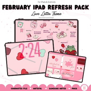 Puede incluir: Paquete de actualización de iPad rosa con un "Tema de carta de amor" con iconos y diseños dibujados a mano. Incluye un calendario con fechas de febrero, piruletas, corazones y el texto "Ms. February". Compatible con Goodnotes, Noteful, Samsung Notes y PNG.