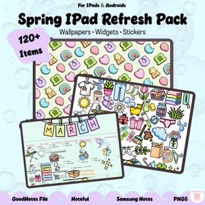 May include: A digital Spring iPad Refresh Pack with wallpapers, widgets, and stickers. The pack includes over 120 items with colorful illustrations of clothing, flowers, and a March calendar. Compatible with GoodNotes, Noteful, and Samsung Notes.