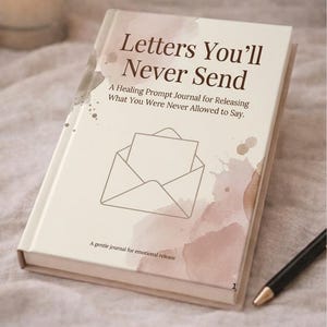 Könnte beinhalten: Ein Notizbuch mit festem Einband in Cremefarben, verziert mit braunen Aquarellakzenten und einem linierten Umschlag-Symbol. Der Text lautet: Letters You'll Never Send, A Healing Prompt Journal for Releasing What You Were Never Allowed to Say, und A gentle journal for emotional release.