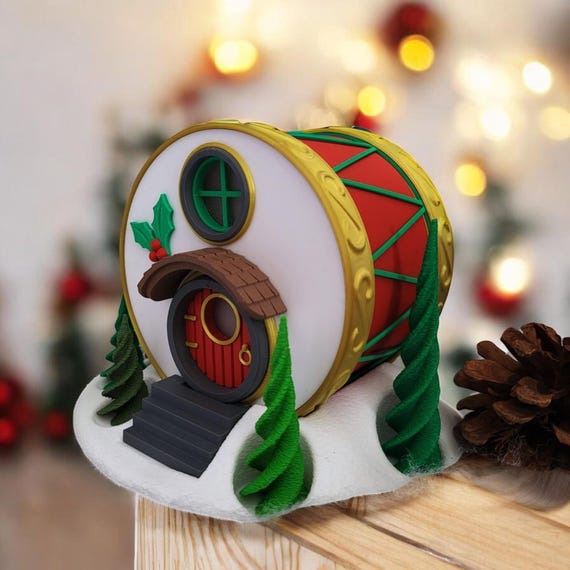 Christmas Drum Fairy House Indoor Decor Whimsical Holiday Village LED Figurine Handmade