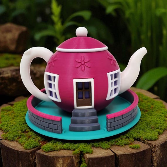 Teapot Fairy House Indoor Decor Whimsical Fantasy Village LED Lantern Figurine Handmade