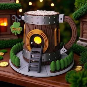 Puede incluir: Una maqueta detallada de una jarra de cerveza de madera marrón con detalles metálicos y un asa grande. Presenta una puerta en forma de herradura, una pequeña escalera y un letrero verde con forma de trébol con la inscripción "PUB". La parte superior está llena de espuma blanca.