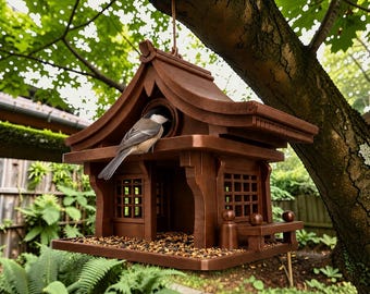 Casetta per uccelli giapponese, stile giardino zen, mangiatoia sospesa per uccelli, ispirata al dojo, decorazione per esterni stampata in 3D, idea regalo.