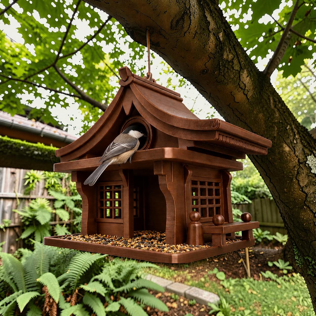 Listing photo: Japanese Birdhouse Zen Garden Style Hanging Bird Feeder Dojo Inspired Outdoor 3D Printed Decor Gift