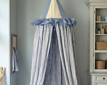 Blue Plaid Floral Bed Canopy Curtain for Kids Room | Decorative Children’s Bed Drapes | Cottagecore Nursery Bedroom Decor