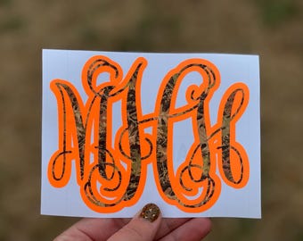 Camo Monogram Decal, Personalized Hunting Initials, Outdoor Vinyl Sticker