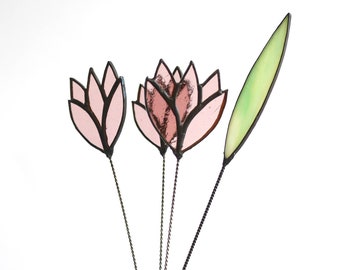 Tulipe rose, fleur en verre, vitrail fait main