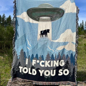UFO Cow Abduction Woven Blanket, Sci-Fi Conspiracy Tapestry, Funny Alien Throw