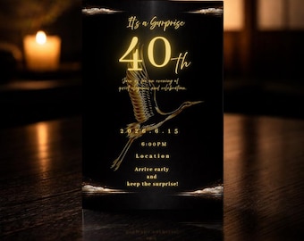 Premium Japanese 40th Birthday Invitation, Luxury Black Lacquer Gold Crane, Milestone Surprise Dinner Party, Zen Aesthetic, Editable Canva