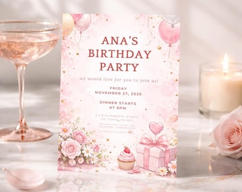 Soft Pink and Gold Birthday Party Invitation for Her, Elegant Adult Birthday Invite, Chic Feminine Aesthetic, Editable Canva Template