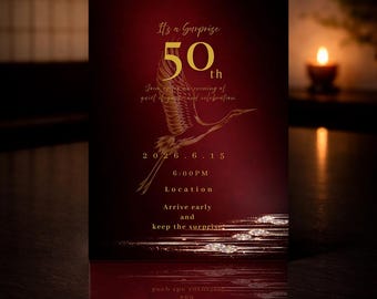 Premium Japanese Dinner Party Invite, 50th Birthday Red Lacquer, Raden Crane Surprise, Zen Luxury, Editable Canva