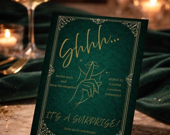 Luxury Emerald Green Gold Birthday Dinner Invite, Shhh Surprise Party Invitation for Her, Dark Luxury Aesthetic, Editable Canva Template