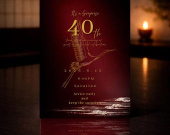 Premium Japanese Dinner Party Invite, 40th Birthday Red Lacquer, Raden Crane Surprise, Zen Luxury, Editable Canva