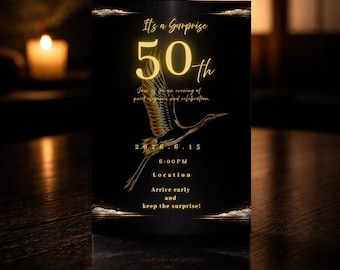 Premium Japanese 50th Birthday Invite, Luxury Black Gold Crane, Half-Century Surprise Dinner Party, Zen Aesthetic, Editable Canva