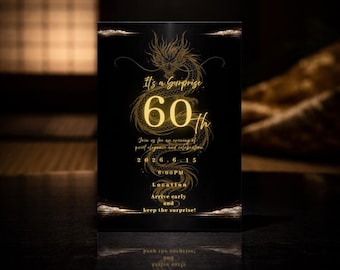 Premium Japanese 60th Birthday Invite, Luxury Black Gold Dragon, Kanreki Surprise Party, Zen Aesthetic, Editable Canva Template