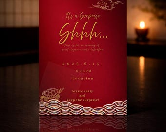 Premium Japanese Dinner Party Invite, Luxury Red Lacquer Raden Turtle, Milestone Surprise, Zen Aesthetic, Editable Canva