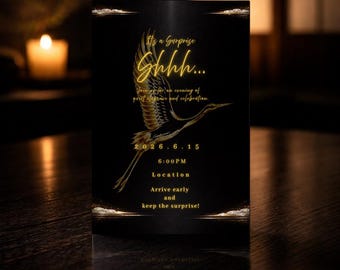 Premium Japanese Surprise Birthday Invitation, Luxury Black Lacquer Gold Crane, Shhh Milestone Dinner Party, Zen Aesthetic, Editable Canva