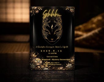 Premium Japanese Kitsune Masquerade Invite, Luxury Black Gold Masked Party, Shhh Surprise Birthday, Zen Aesthetic, Editable Canva template