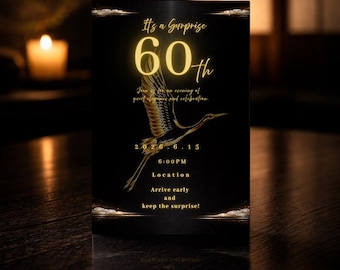 Premium Japanese 60th Birthday Invitation, Luxury Black Lacquer Gold Crane, Kanreki Surprise Dinner Party, Zen Aesthetic, Editable Canva