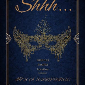 Masquerade Surprise Party Invitation – Shhh It’s a Surprise, Navy Blue & Gold Elegant Design, Editable Canva Template